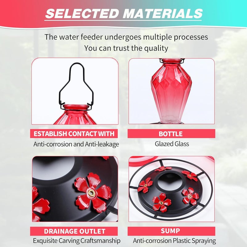 MCHBF Glass Hummingbird Feeder for Outdoors Hanging, 25Oz Humming Bird Nectar Feeder, Perch, 5 Flower Feeding Ports, Leak Proof Base, Hook for Outside Garden Backyard, Gift for Women Mom, Diamond Red - Image 5